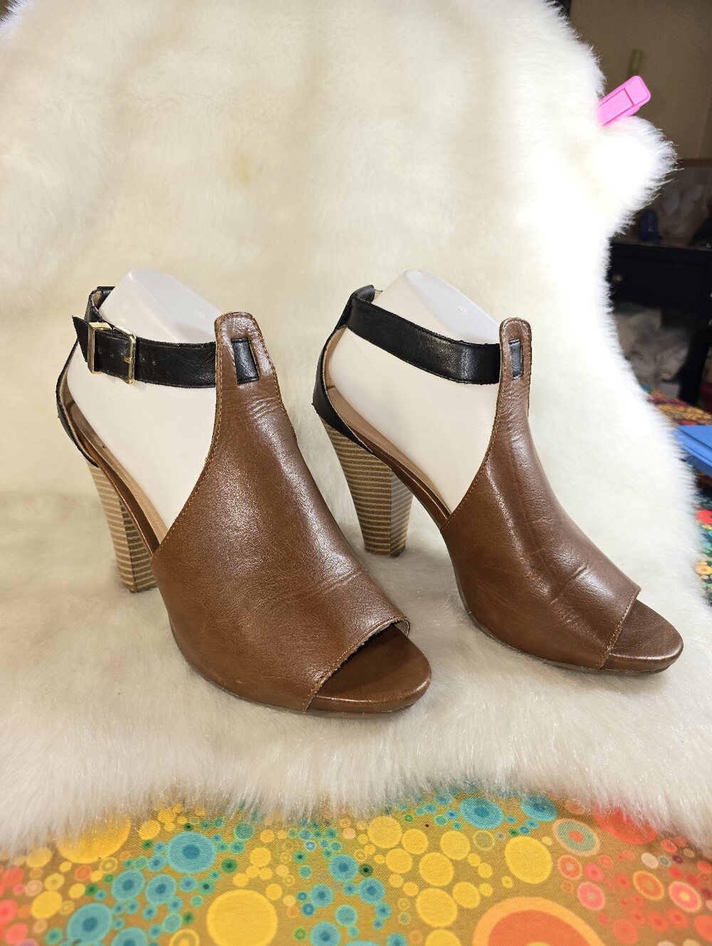 Bongo Ballade Brown Began Peep-Toe Sandal with Black Heel & Ankle Strap